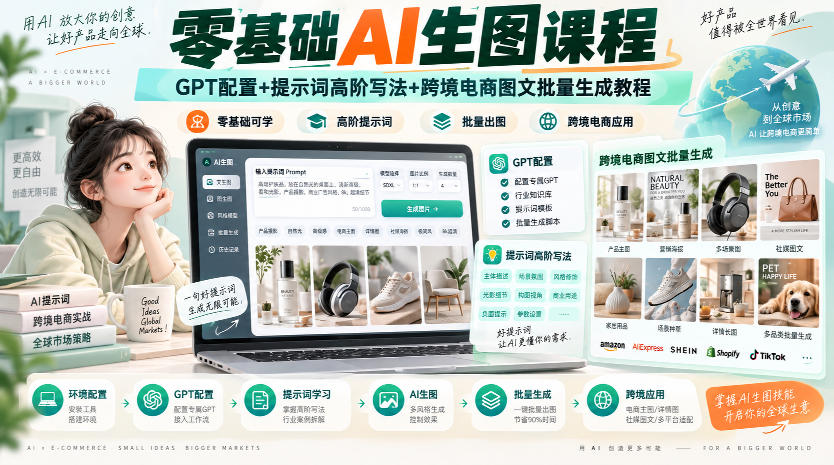 零基础AI生图课程，GPT配置+提示词高阶写法+跨境电商图文批量生成教程-爱搭资源网