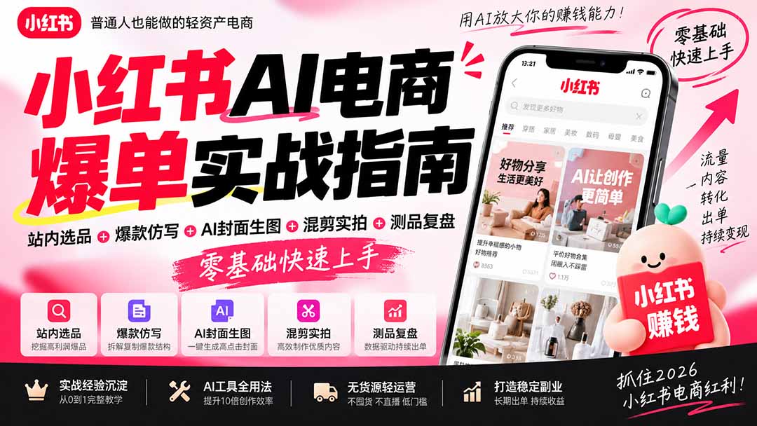 2026小红书AI电商爆单实战指南：站内选品+爆款仿写+AI封面生图+混剪实拍+测品复盘，零基础快速上手-爱搭资源网