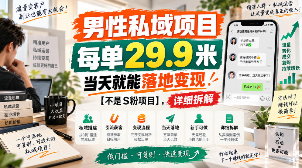 男性私域项目，每单29.9米，当天就能落地变现【不是S粉项目】，详细拆解-爱搭资源网
