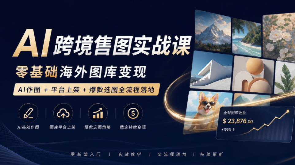 AI跨境售图实战课，零基础海外图库变现，AI作图+平台上架+爆款选图全流程落地-爱搭资源网