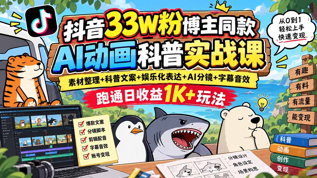 抖音33W粉博主同款AI动画科普实战课｜素材整理+科普文案+娱乐化表达+AI分镜+字幕音效，跑通日收益1K+玩法-爱搭资源网