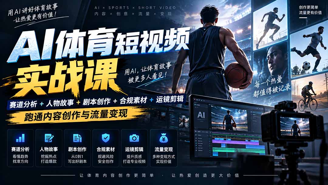 AI体育短视频赛道顶级玩法｜赛道分析+人物故事+剧本创作+版权处理+运镜剪辑，跑通流量变现-日赚1K+-爱搭资源网