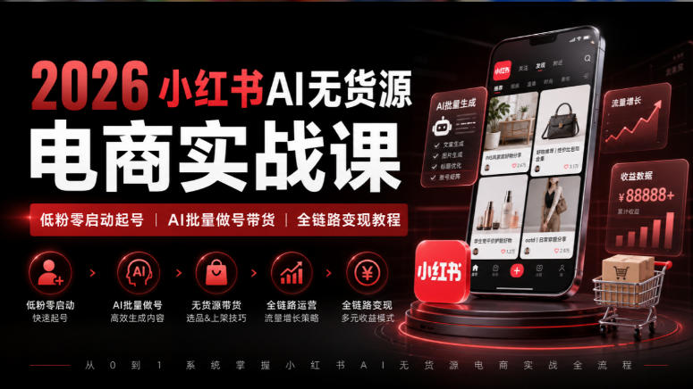 2026小红书AI无货源电商实战课｜低粉零启动起号｜AI批量做号带货全链路变现教程-爱搭资源网