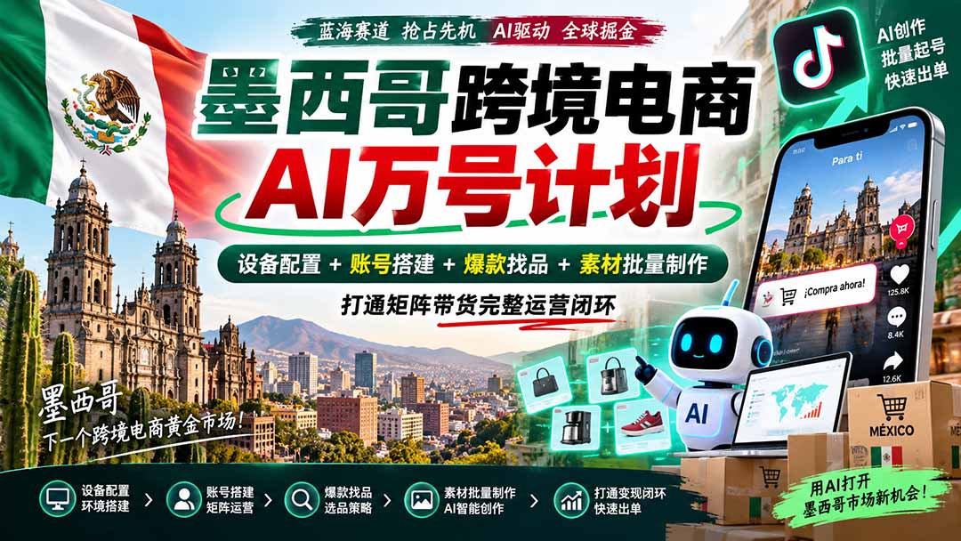 墨西哥AI跨境电商万号计划｜设备配置+账号搭建+爆款找品+素材批量制作，打通矩阵带货完整运营闭环-爱搭资源网