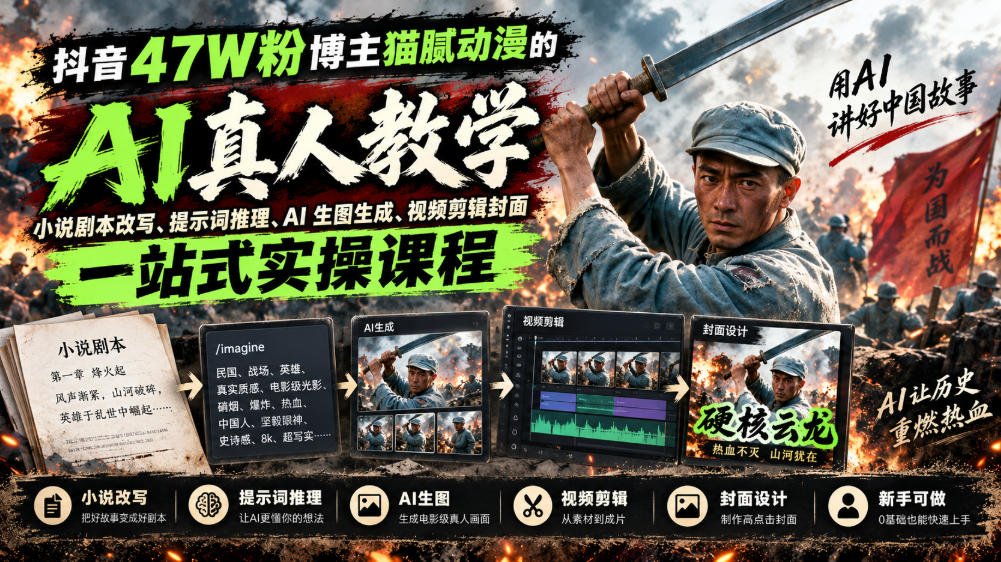 抖音47W粉博主猫腻动漫的AI真人漫剧教学，小说剧本改写、提示词推理、AI生图生成、视频剪辑封面一站式实操课程-爱搭资源网