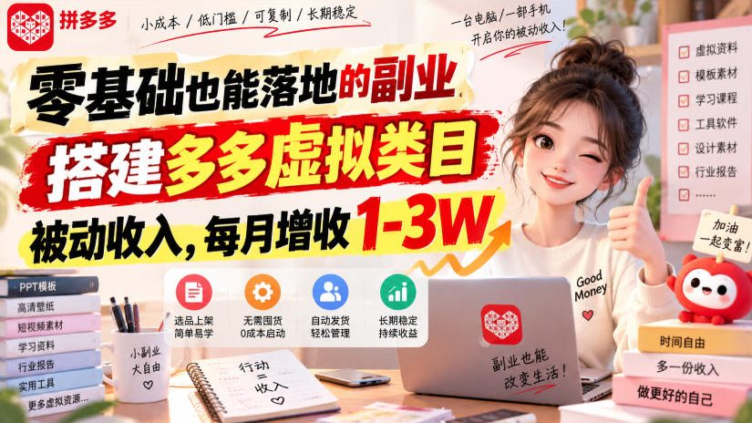 零基础也能落地的副业，搭建多多虚拟类目被动收入，每月增收1-3W【揭秘】-爱搭资源网
