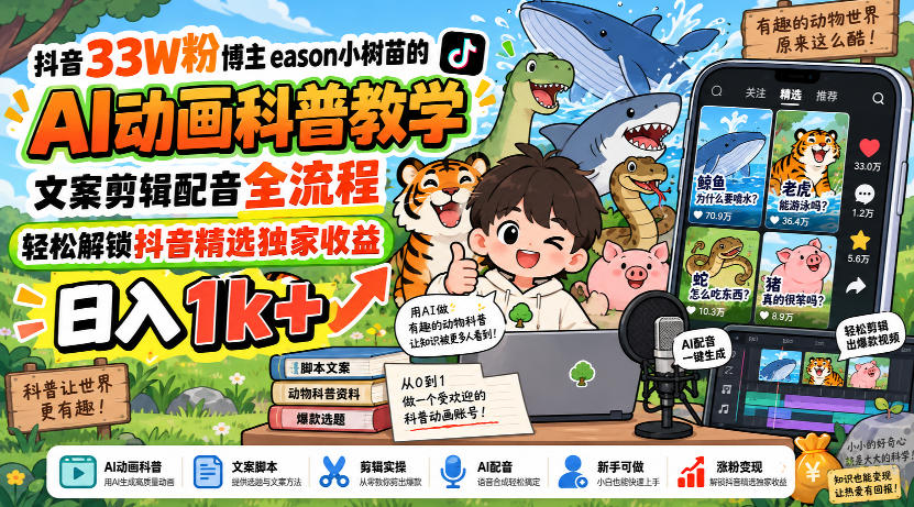 抖音33W粉博主eason小树苗的AI动画科普教学，文案剪辑配音全流程，轻松解锁抖音精选独家收益，日入1k+-爱搭资源网