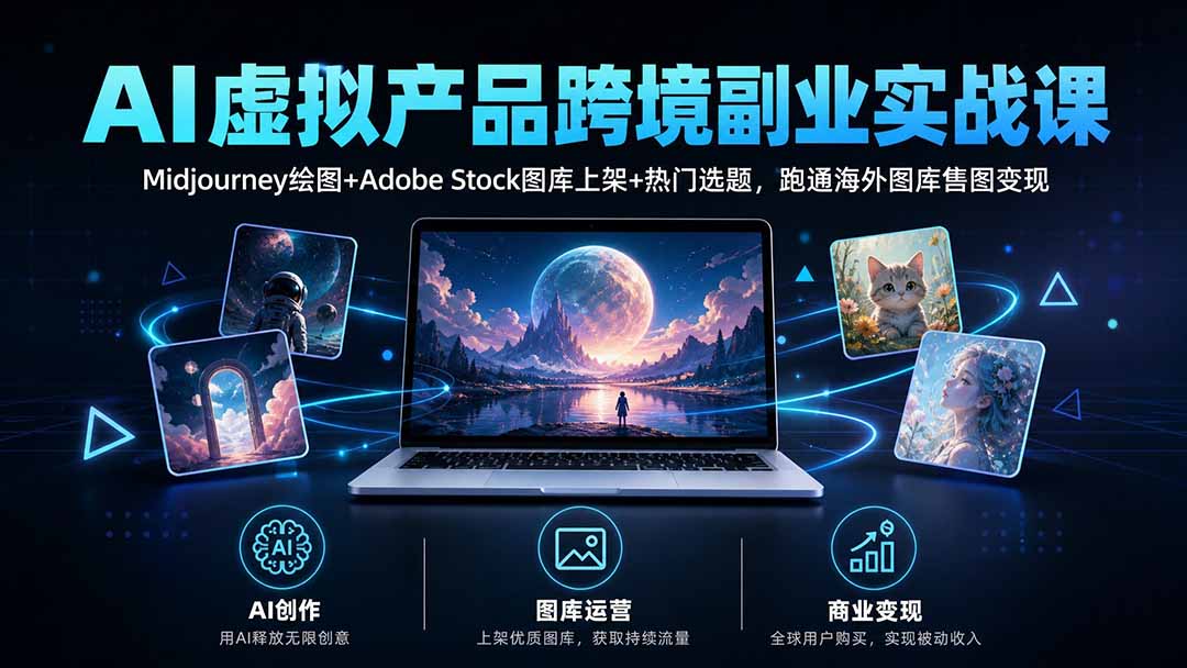 AI虚拟产品跨境副业实战课｜Midjourney绘图+Adobe Stock图库上架+热门选题，跑通海外图库售图变现-爱搭资源网
