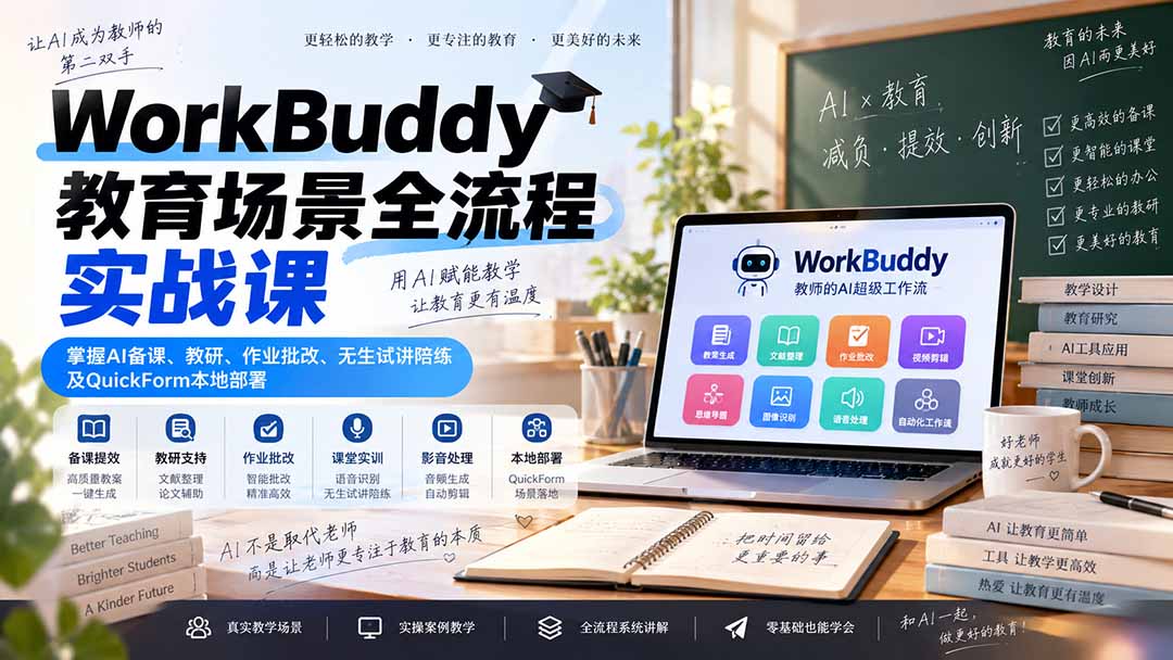 WorkBuddy教育场景全流程实战课：掌握AI备课、教研、作业批改、无生试讲陪练及QuickForm本地部署-爱搭资源网