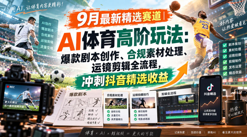 某大佬的9月最新精选赛道之AI体育顶级玩法，爆款剧本创作、版权规避、运镜剪辑全流程，稳拿抖音精选收益-爱搭资源网