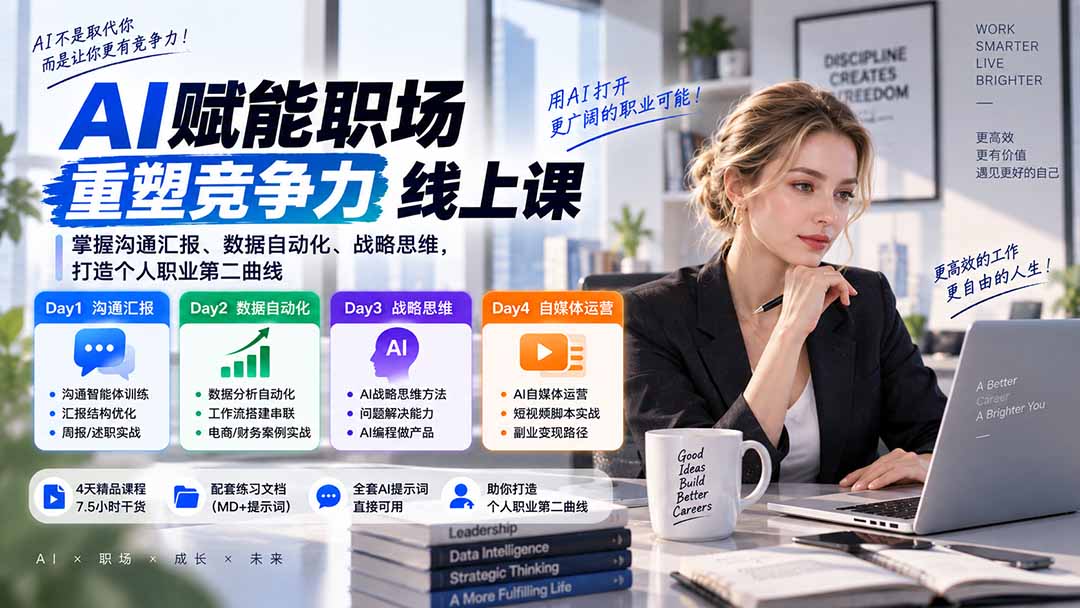 AI职场提效与第二曲线实战课-无水印：学习沟通汇报、数据工作流和战略思维，掌握AI编程做产品及自媒体运营方法-爱搭资源网