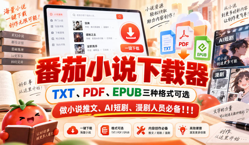 番茄小说下载器，TXT、PDF、EPUB三种格式可选，做小说推文、AI短剧、漫剧人员必备！！！-爱搭资源网