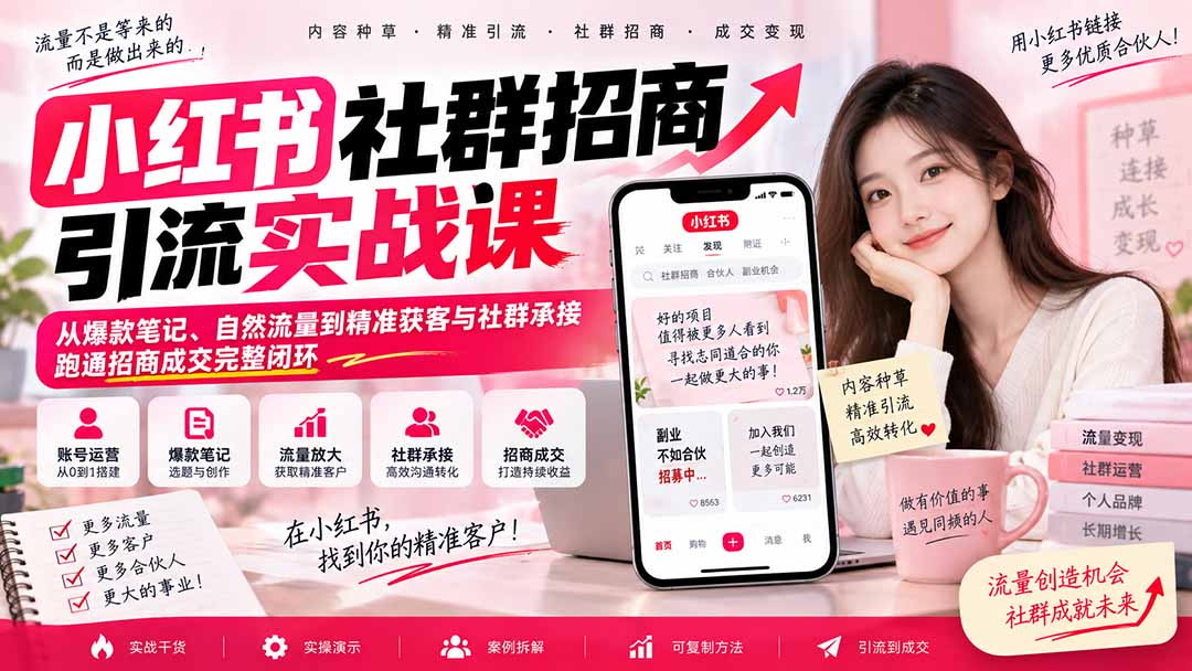 小红书社群招商引流实战课-无水印：从爆款笔记、自然流量到精准获客与社群承接，跑通招商成交完整闭环-爱搭资源网