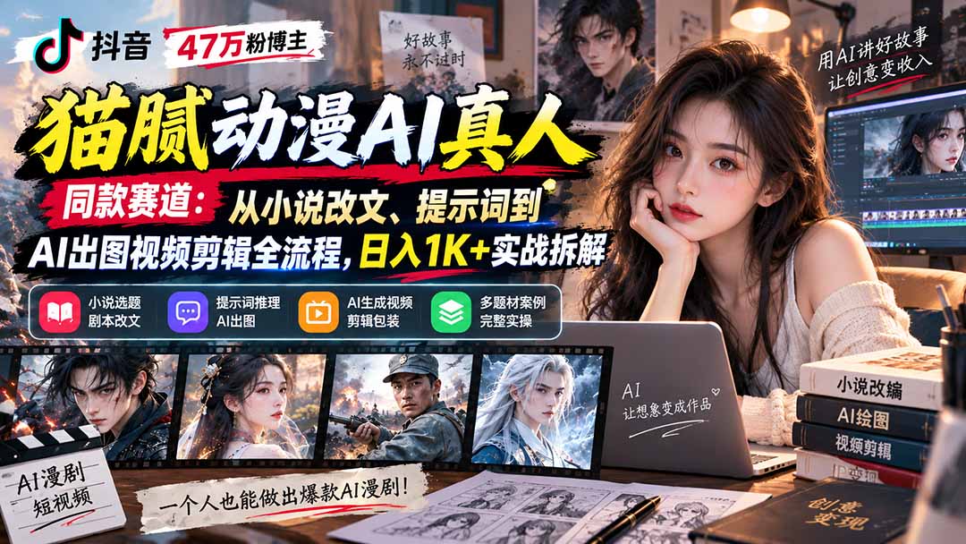 抖音47万粉博主猫腻动漫AI真人同款赛道：从小说改文、提示词到AI出图视频剪辑全流程，日入1K+实战拆解-爱搭资源网
