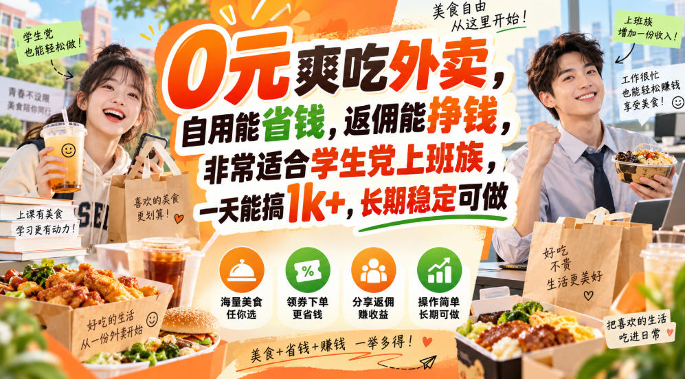 0元爽吃外卖，自用能省钱，返佣能挣钱，非常适合学生党上班族，一天能搞1k+，长期稳定可做-爱搭资源网