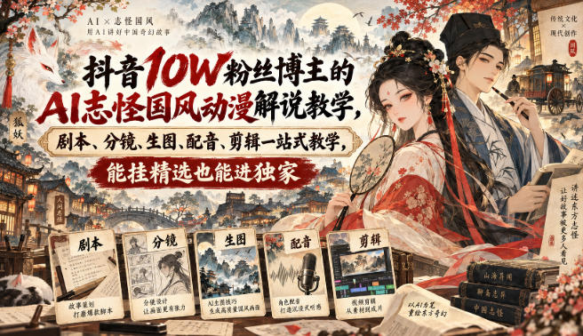 抖音10W粉丝博主满堂诡事的AI志怪国风动漫解说教学，剧本、分镜、生图、配音、剪辑一站式教学，能挂精选也能进独家​-爱搭资源网