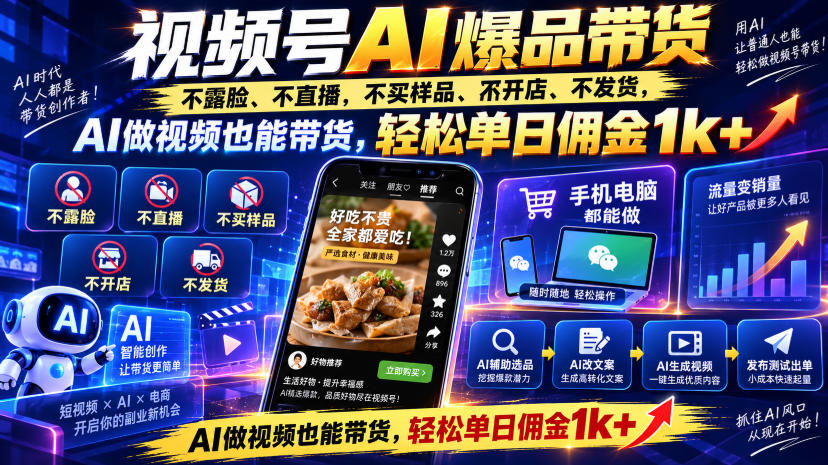 视频号Ai爆品带货，不露脸、不直播、不买样品、不开店、不发货，AI做视频也能带货，轻松单日佣金1k+-爱搭资源网