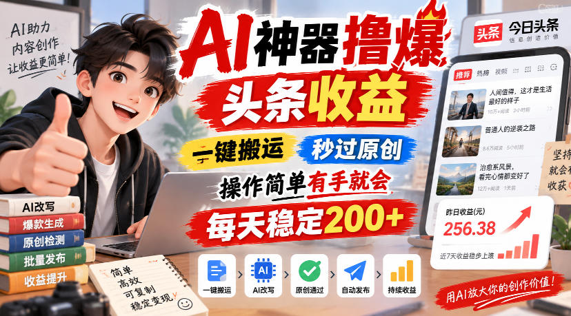 AI神器撸爆头条收益，一键搬运，秒过原创，操作简单有手就会，每天稳定200+【揭秘】-爱搭资源网