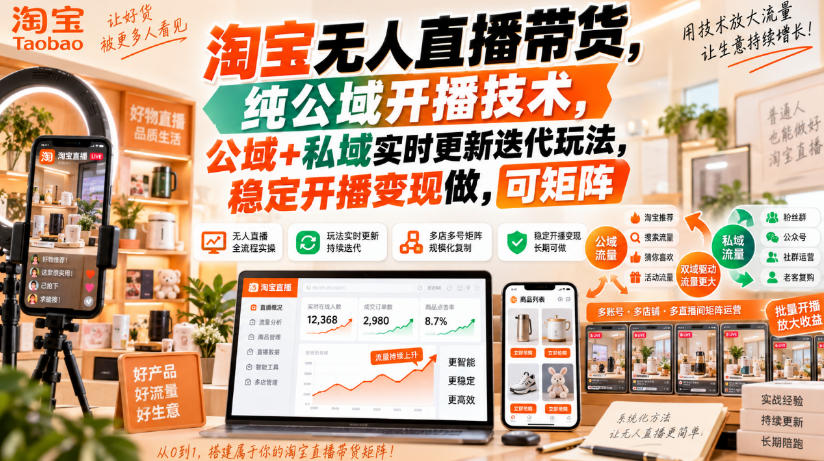 淘宝无人直播带货，纯公域开播技术，公域+私域实时更新迭代玩法，稳定开播变现做，可矩阵【揭秘】-爱搭资源网
