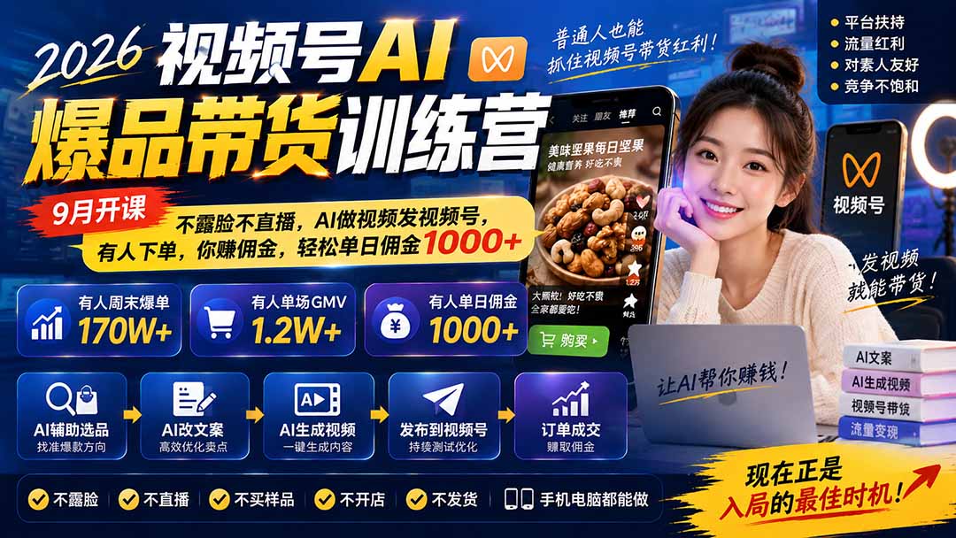 图片[1]-2026视频号AI爆品带货训练营-9月开课｜不露脸不直播，AI做视频发视频号，有人下单，你赚佣金，轻松单日佣金1000+-爱搭资源网