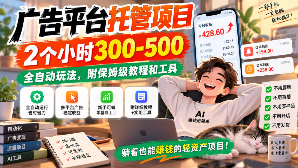 广告平台托管项目，2个小时300-500，全自动玩法，附保姆级教程和工具，小白照着就能做【揭秘】-爱搭资源网