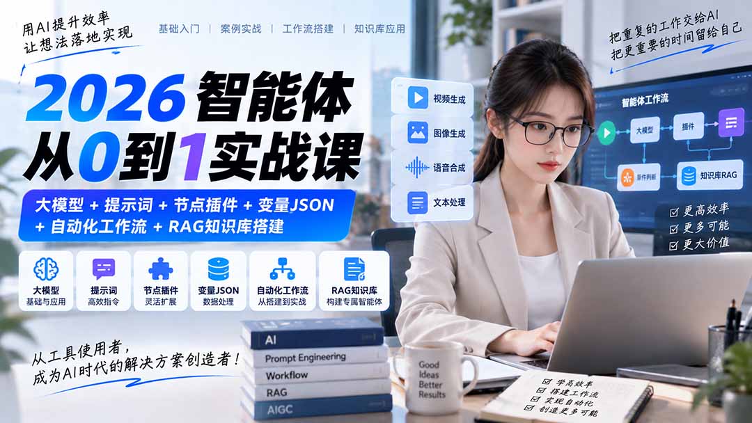 2026智能体从0到1实战课｜大模型+提示词+节点插件+变量JSON+自动化工作流+RAG知识库搭建-爱搭资源网