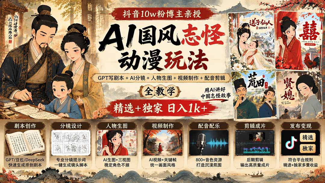 抖音10w粉博主亲授AI国风志怪动漫玩法｜GPT写剧本+AI分镜+人物生图+视频制作+配音剪辑全教学｜精选+独家日入1k+-爱搭资源网