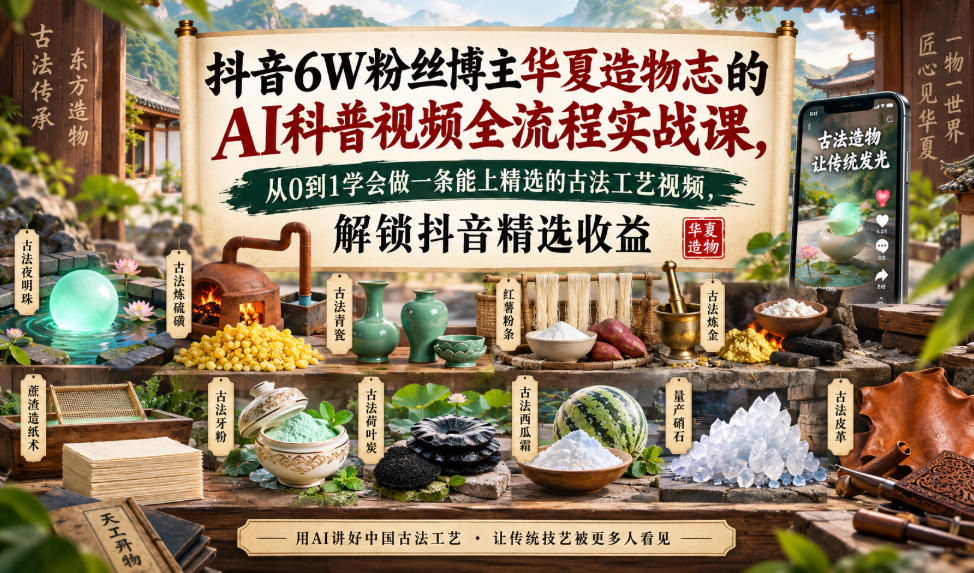 抖音6W粉丝博主华夏造物志的AI科普视频全流程实战课，从0到1学会做一条能上精选的古法工艺视频，解锁抖音精选收益-爱搭资源网