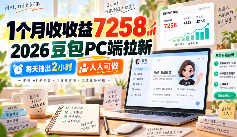 1个月收收益7258，2026豆包PC端拉新，每天抽出2小时，人人可做-爱搭资源网