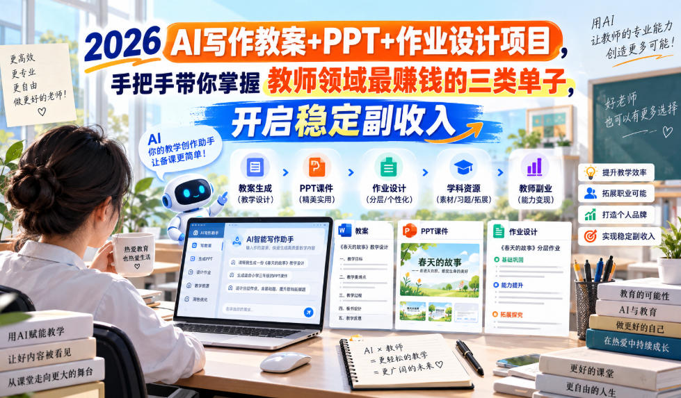 2026 AI写作教案+PPT+作业设计项目，手把手带你掌握教师领域最賺钱的三类单子，开启稳定副收入-爱搭资源网