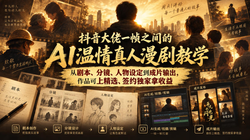 抖音大佬一帧之间的AI温情真人漫剧教学，从剧本、分镜、人物设定到成片输出，作品可上精选、签约独家拿收益-爱搭资源网