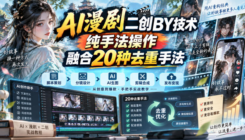 AI漫剧二创搬运技术，纯手法操作，融合20种去重手法-爱搭资源网