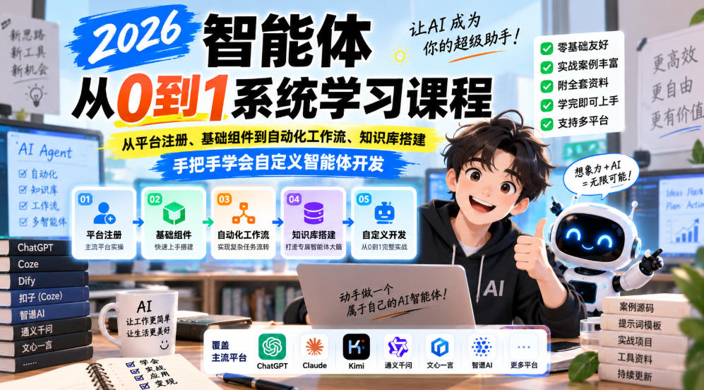 2026智能体从0到1系统学习课程，从平台注册、基础组件到自动化工作流、知识库搭建，手把手学会自定义智能体开发-爱搭资源网