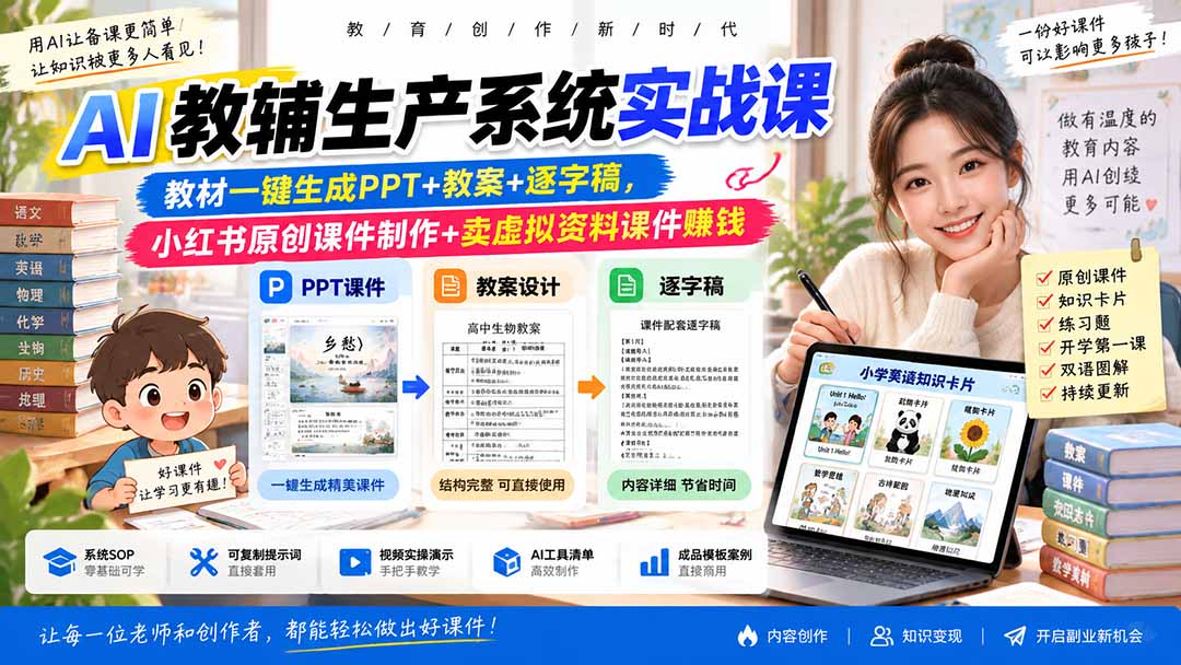 AI教辅生产系统实战课|教材一键生成PPT+教案+逐字稿,小红书原创课件制作+卖虚拟资料课件赚钱-爱搭资源网