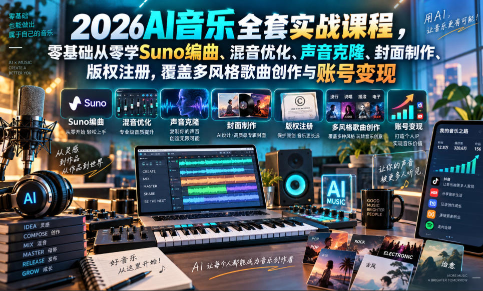 2026AI音乐实战课程，零基础从零学Suno编曲、混音优化、声音克隆、版权注册，覆盖多风格歌曲创作与账号变现-爱搭资源网