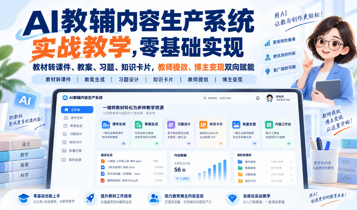 AI教辅内容生产系统实战教学，零基础实现教材转课件、教案、习题、知识卡片，教师提效、博主变现双向赋能-爱搭资源网