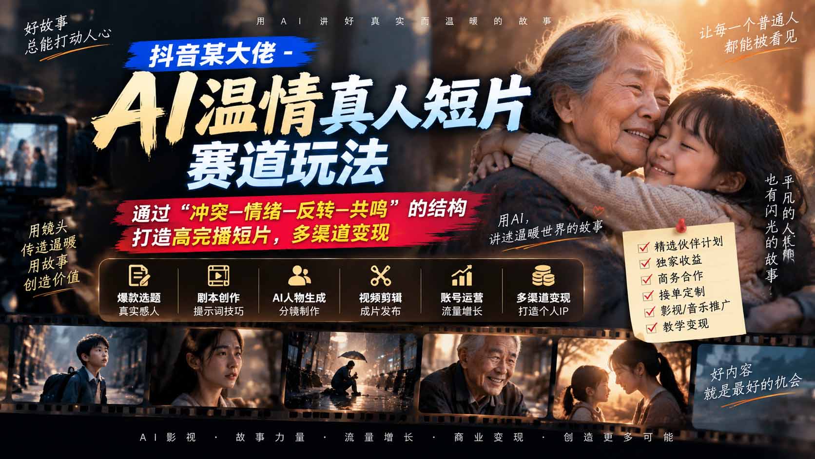 抖音某大佬-AI温情真人短片赛道玩法：通过“冲突—情绪—反转—共鸣”的结构打造高完播短片，多渠道变现-爱搭资源网