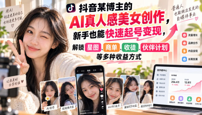 抖音某博主的AI真人感美女创作,新手也能快速起号变现,解锁星图,商单,收徒,伙伴计划等多种收益方式-爱搭资源网
