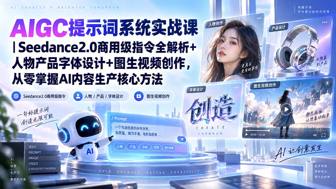 AIGC提示词系统实战课-无水印｜Seedance2.0商用级指令全解析+人物产品字体设计+图生视频创作，掌握AI内容生产方法-爱搭资源网