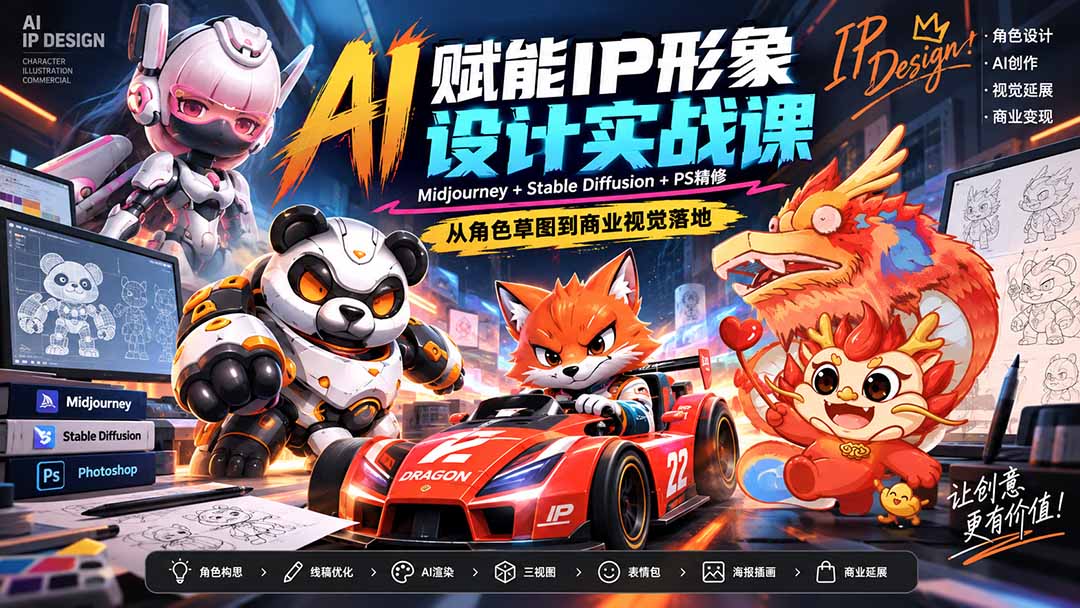 AI赋能IP形象设计实战课-无水印：Midjourney+Stable Diffusion+PS精修，从角色草图到商业视觉落地-爱搭资源网