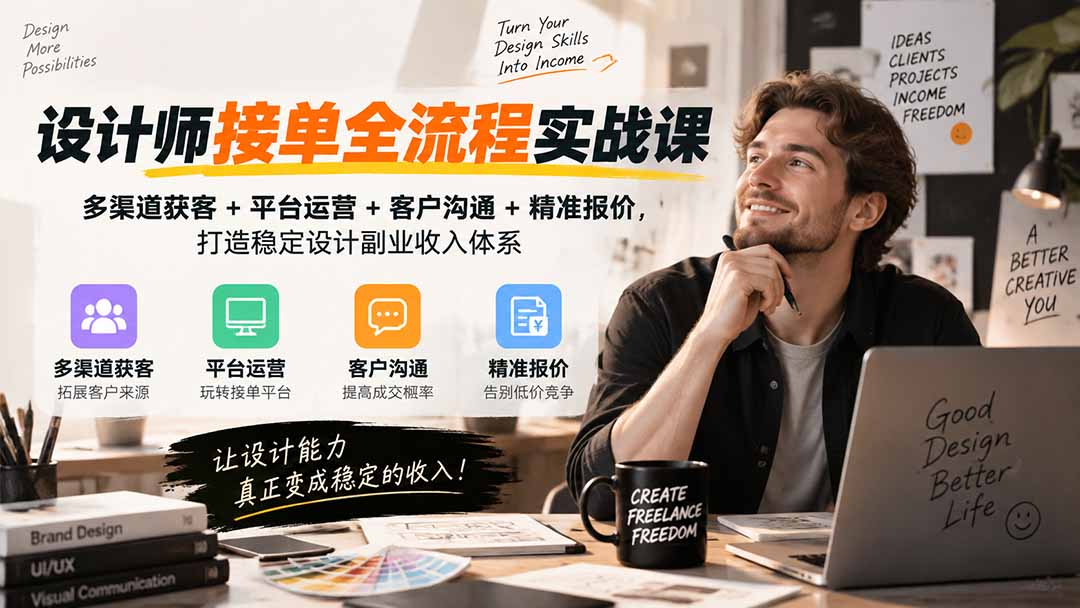 设计师接单全流程实战课-无水印｜多渠道获客+平台运营+客户沟通+精准报价，打造稳定设计副业收入体系-爱搭资源网