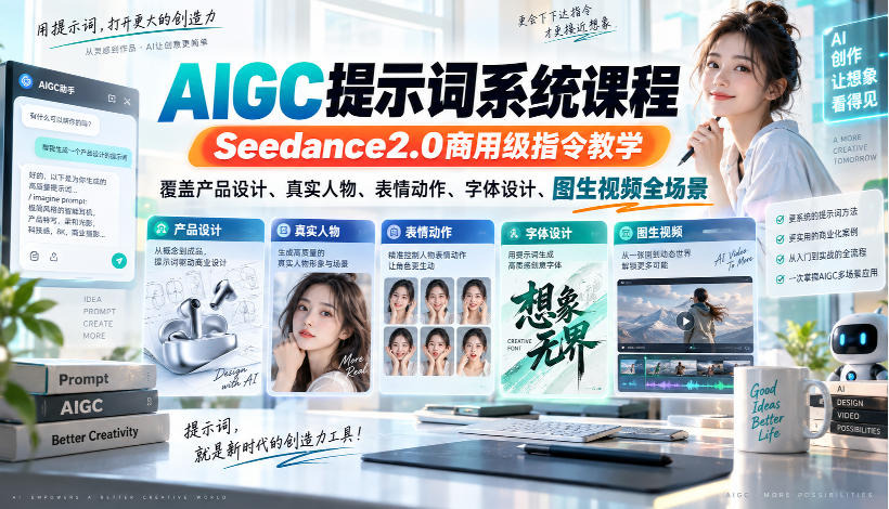 AIGC提示词系统课程，Seedance2.0商用级指令教学，覆盖产品设计、真实人物、表情动作、字体设计、图生视频全场景-爱搭资源网