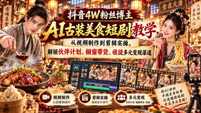 抖音4W粉丝博主AI古装美食短剧教学,从视频制作到剪辑实操,解锁伙伴计划、橱窗带货、收徒多元变现渠道-爱搭资源网