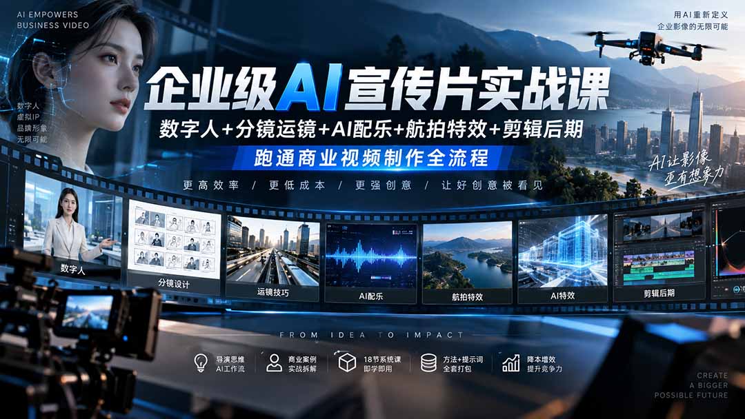 企业级AI宣传片实战课｜数字人+分镜运镜+AI配乐+航拍特效+剪辑后期，跑通商业视频制作全流程-爱搭资源网