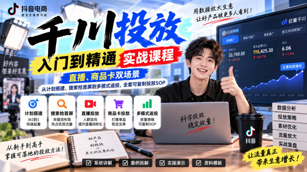 千川投放入门到精通实战课程，直播、商品卡双场景，从计划搭建、搜索抢首屏到多模式追投，全套可复制投放SOP-爱搭资源网