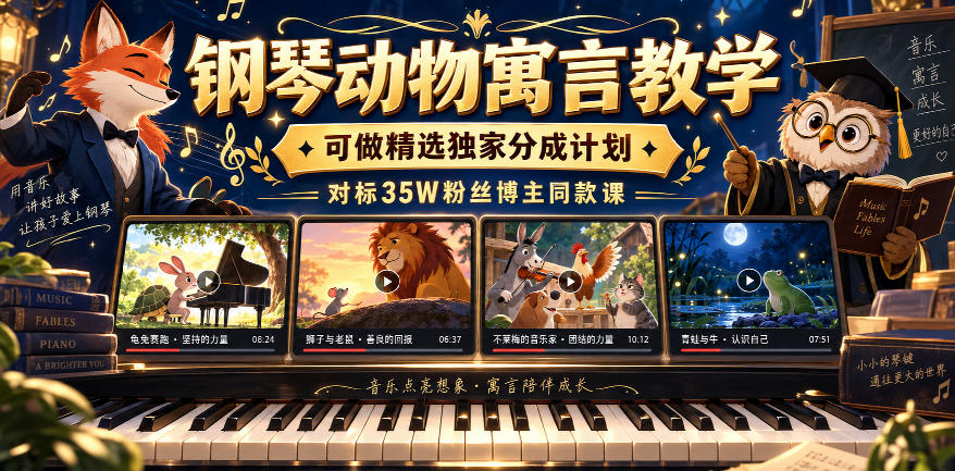 钢琴动物寓言教学，可做精选独家分成计划，对标35W粉丝博主同款课-爱搭资源网