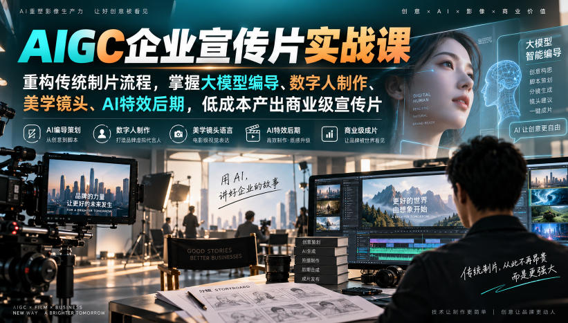 AIGC企业宣传片实战课，重构传统制片流程，掌握大模型编导、数字人制作、美学镜头、AI特效后期，低成本产出商业级宣传片-爱搭资源网