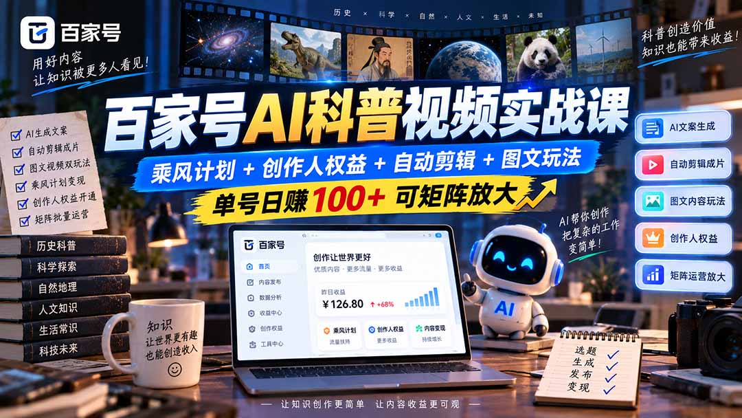 百家号AI科普视频实战课：乘风计划+创作人权益+自动剪辑+图文玩法，单号日赚100+可矩阵放大-爱搭资源网