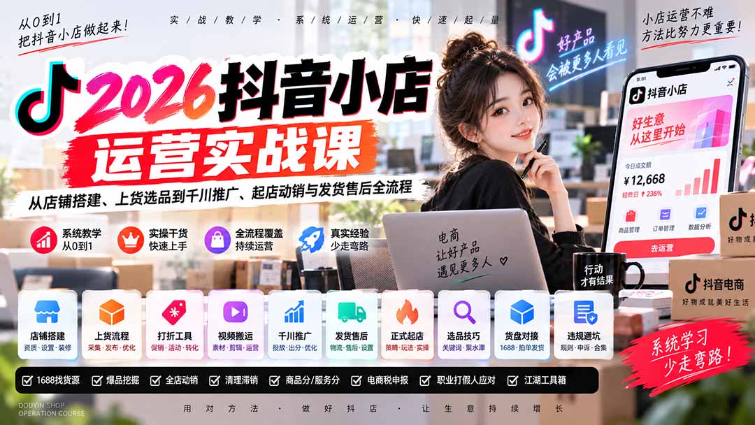 2026抖音小店运营实战课｜从店铺搭建、上货选品到千川推广、起店动销与发货售后全流程-爱搭资源网