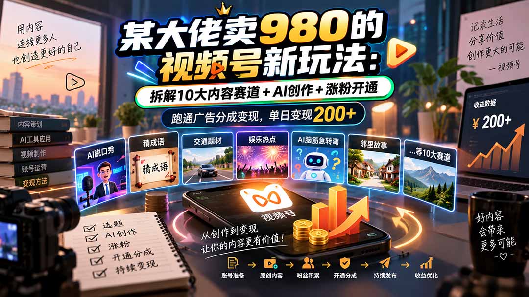 某大佬卖980的视频号新玩法：拆解10大内容赛道+AI创作+涨粉开通，跑通广告分成变现，单日变现200+-爱搭资源网